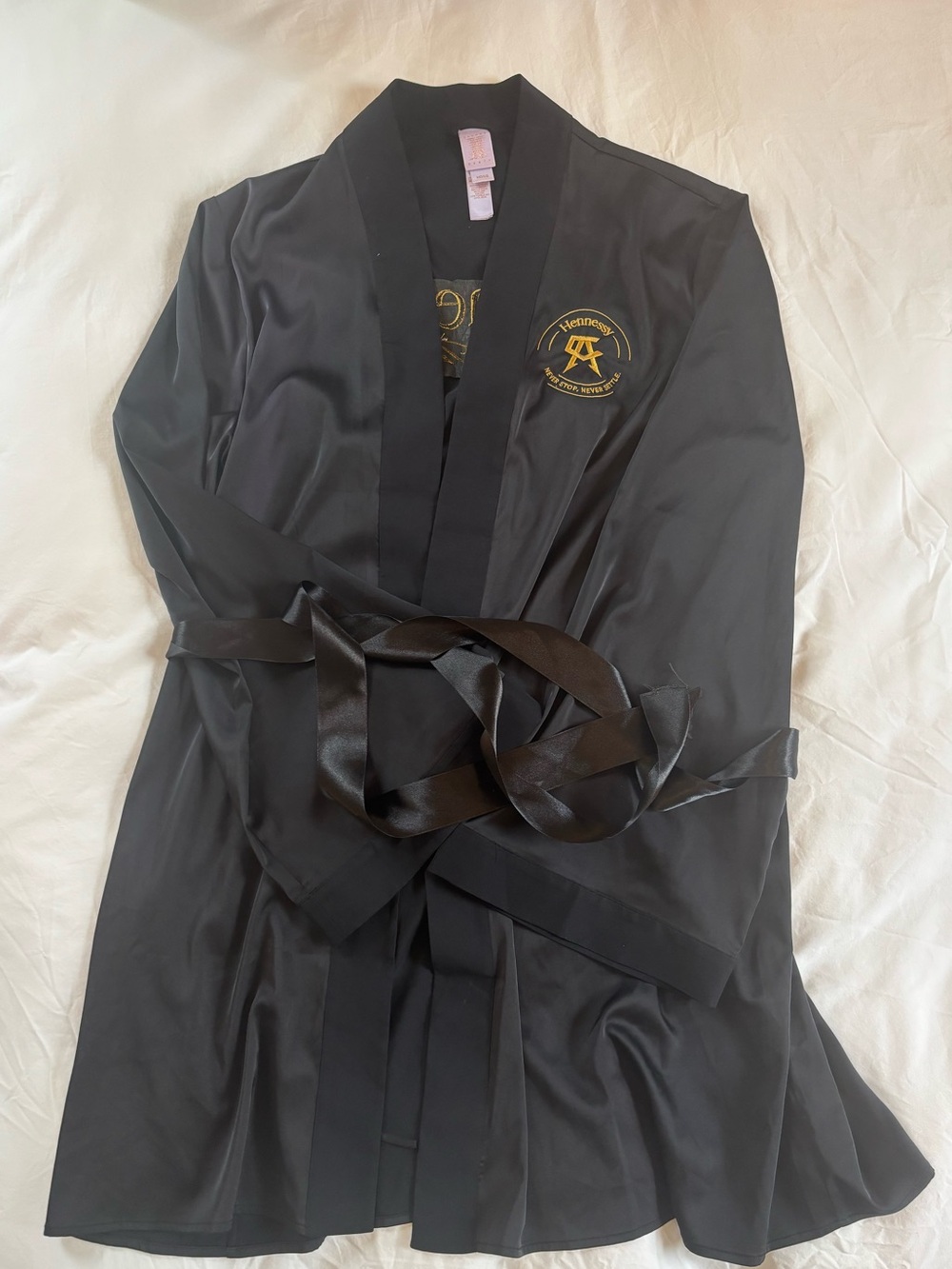Black Satin Hennessy Robe with Gold Embroidering